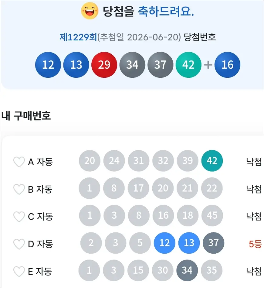 로또 1229회 당첨 5등 1장 로또 1229회 당첨 5등 1장