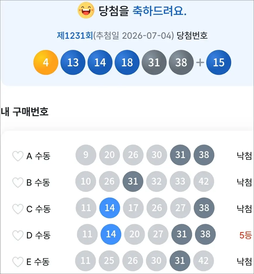 로또 1231회 당첨 5등 1장 2 로또 1231회 당첨 5등 1장 2