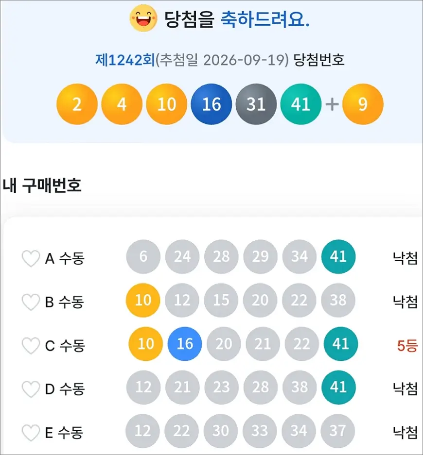 로또 1242회 당첨 5등 1장 로또 1242회 당첨 5등 1장